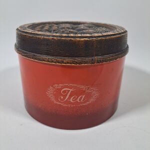 VTG 70's Metal Canister Orange Red Burlington Crafts USA Fruit Faux Wood Top TEA